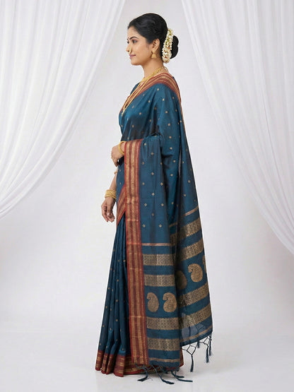 Sutriti The Peacock Hue: Teal Blue Soft Silk Saree with Contrast Red Zari Border