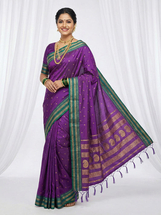 Sutriti The Peacock Hue: Violet Soft Silk Saree with Contrast Green Zari Border