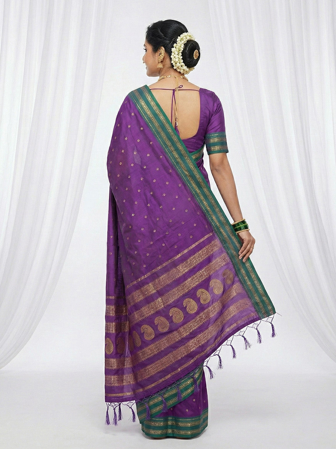 Sutriti The Peacock Hue: Violet Soft Silk Saree with Contrast Green Zari Border