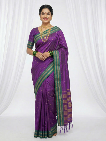Sutriti The Peacock Hue: Violet Soft Silk Saree with Contrast Green Zari Border