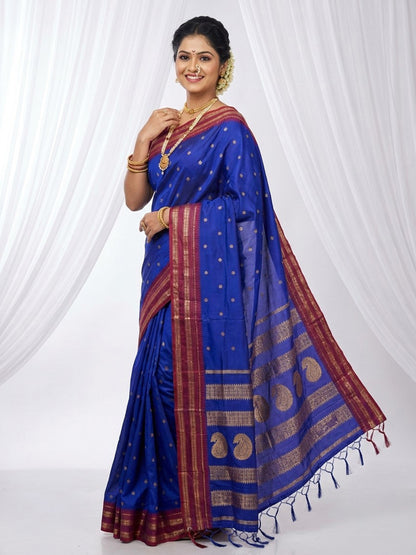Sutriti The Peacock Hue: Blue Soft Silk Saree with Contrast Red Zari Border