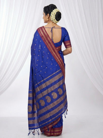 Sutriti The Peacock Hue: Blue Soft Silk Saree with Contrast Red Zari Border