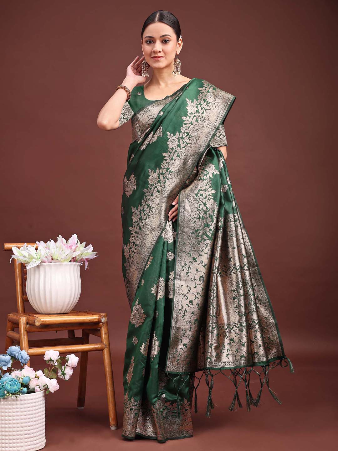 Sutriti Emerald Green Soft Silk Saree with Heavy Silver Zari Weaving