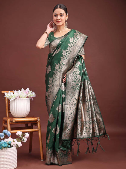 Sutriti Emerald Green Soft Silk Saree with Heavy Silver Zari Weaving
