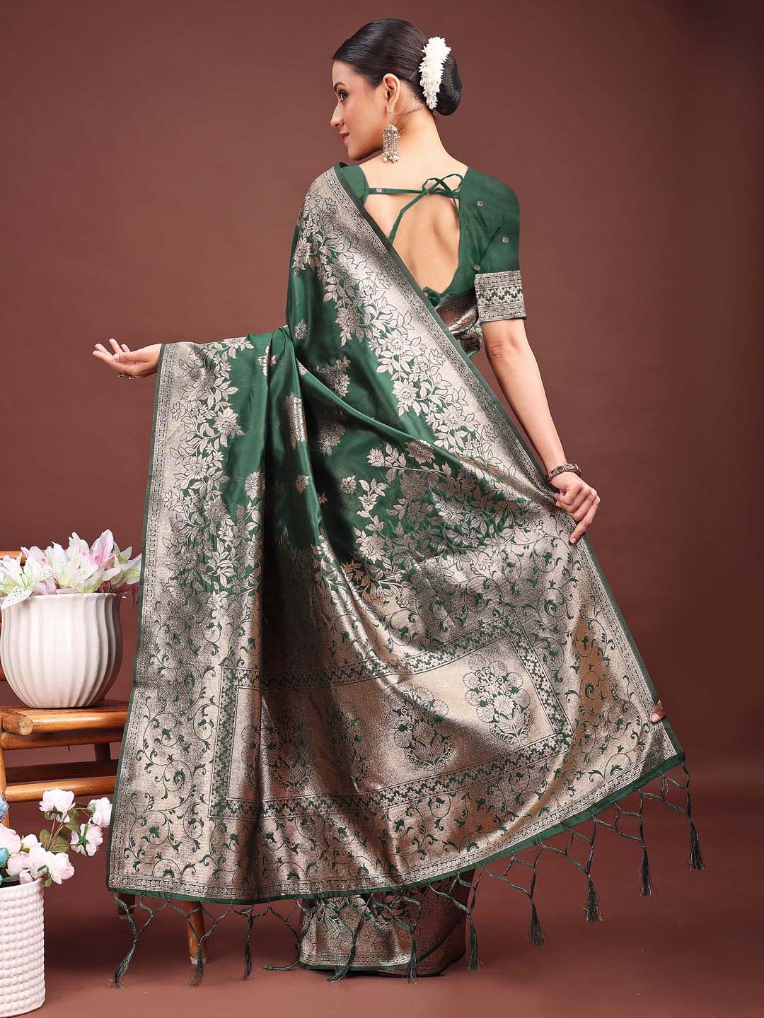 Sutriti Emerald Green Soft Silk Saree with Heavy Silver Zari Weaving