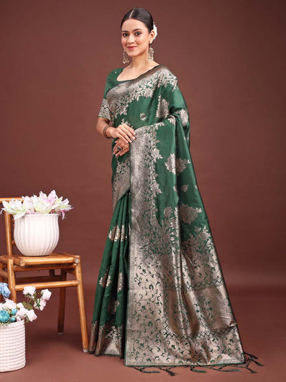Sutriti Emerald Green Soft Silk Saree with Heavy Silver Zari Weaving