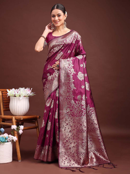 Sutriti Rich Wine Purple Woven Soft Silk Saree - Party Wear