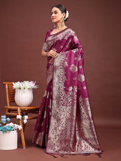 Sutriti Rich Wine Purple Woven Soft Silk Saree - Party Wear