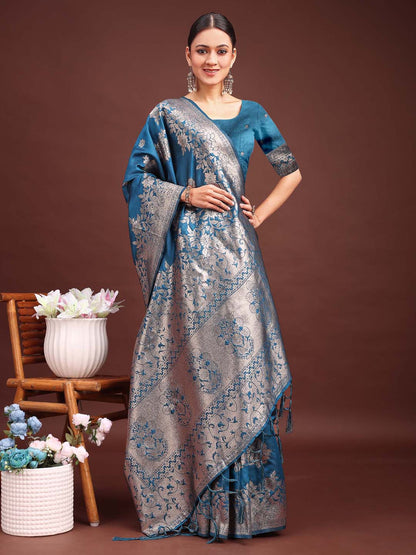 Sutriti Ocean Teal Blue Floral Woven Soft Silk Saree