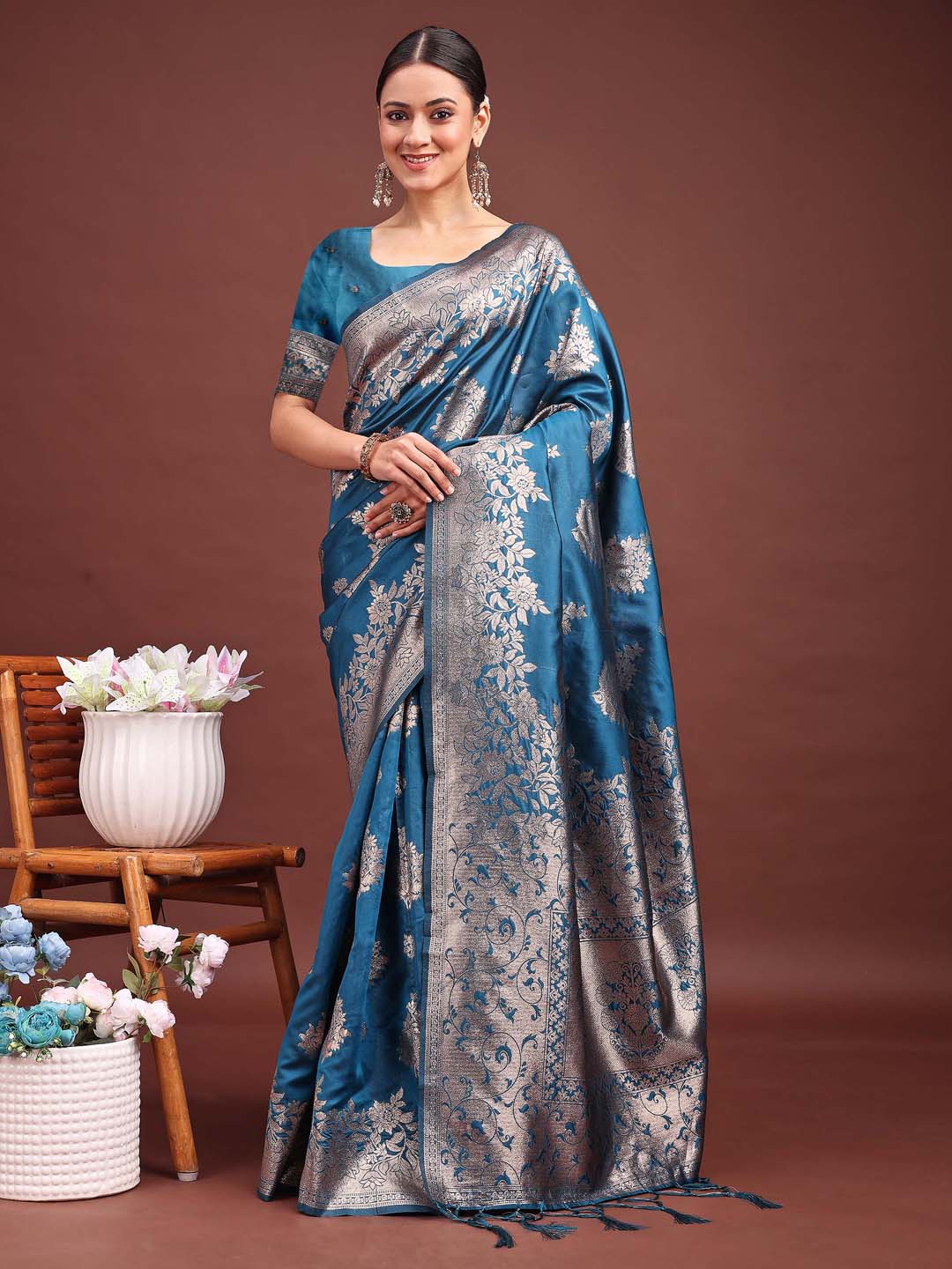 Sutriti Ocean Teal Blue Floral Woven Soft Silk Saree