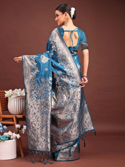 Sutriti Ocean Teal Blue Floral Woven Soft Silk Saree