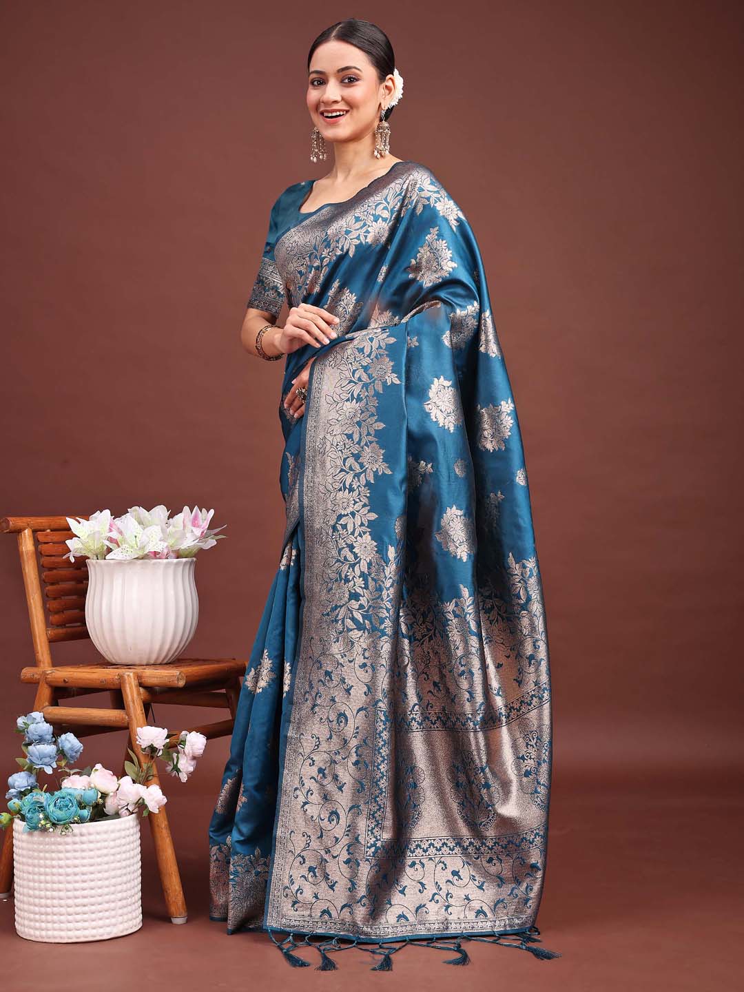 Sutriti Ocean Teal Blue Floral Woven Soft Silk Saree