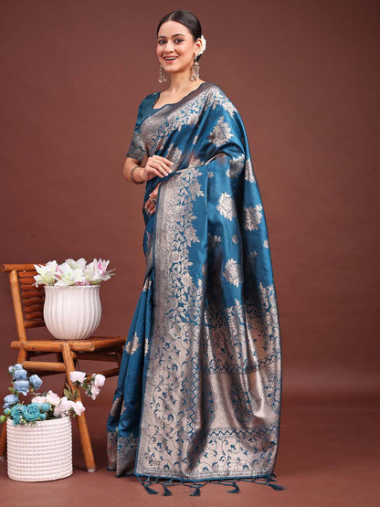Sutriti Ocean Teal Blue Floral Woven Soft Silk Saree
