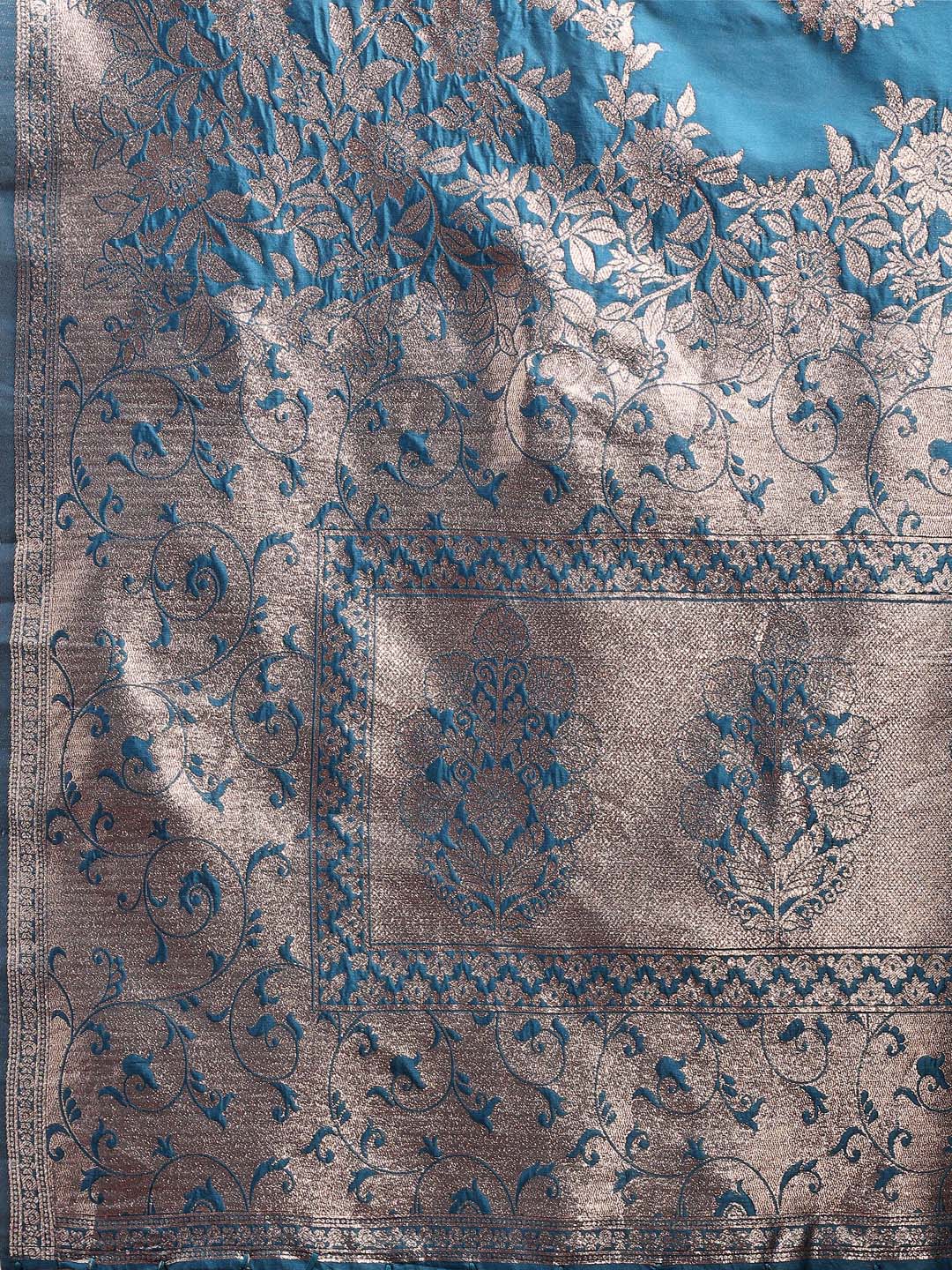 Sutriti Ocean Teal Blue Floral Woven Soft Silk Saree