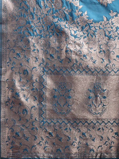 Sutriti Ocean Teal Blue Floral Woven Soft Silk Saree