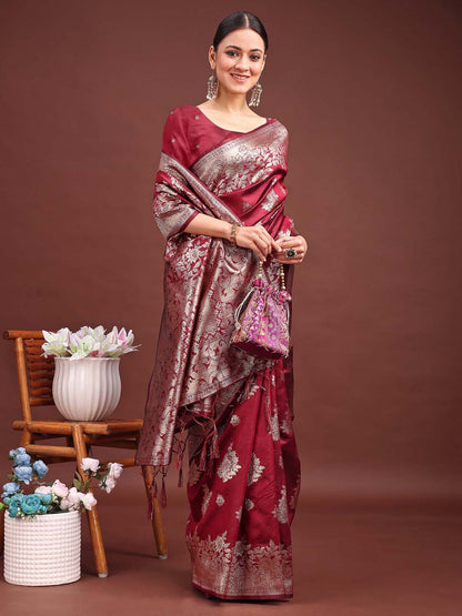 Sutriti Classic Maroon Fetive Wear Soft Silk Saree with Heavy Zari