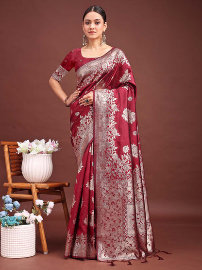 Sutriti Classic Maroon Fetive Wear Soft Silk Saree with Heavy Zari