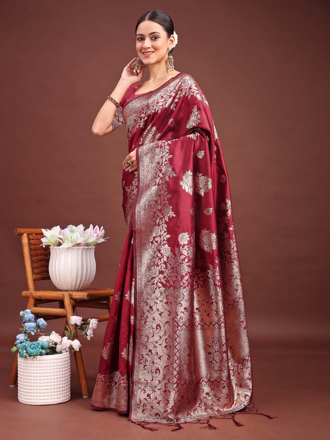 Sutriti Classic Maroon Fetive Wear Soft Silk Saree with Heavy Zari