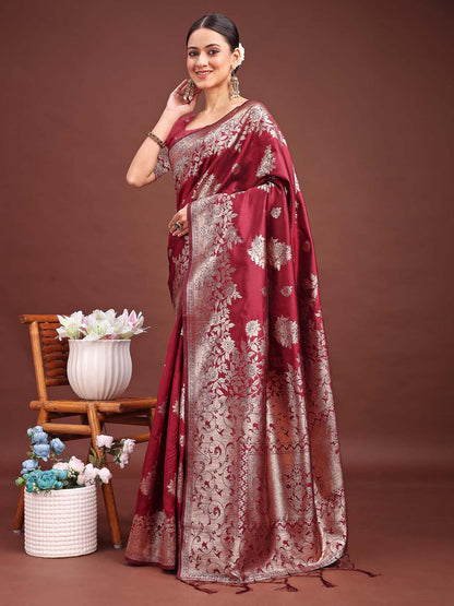 Sutriti Classic Maroon Fetive Wear Soft Silk Saree with Heavy Zari