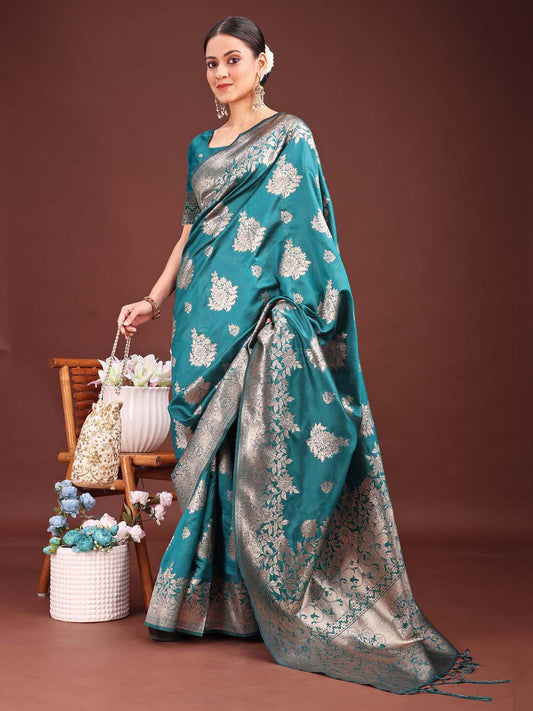 Sutriti Peacock Green Soft Silk Saree with Intricate Silver Weaving