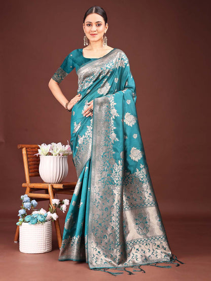 Sutriti Peacock Green Soft Silk Saree with Intricate Silver Weaving