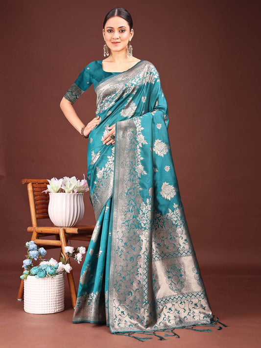 Sutriti Peacock Green Soft Silk Saree with Intricate Silver Weaving