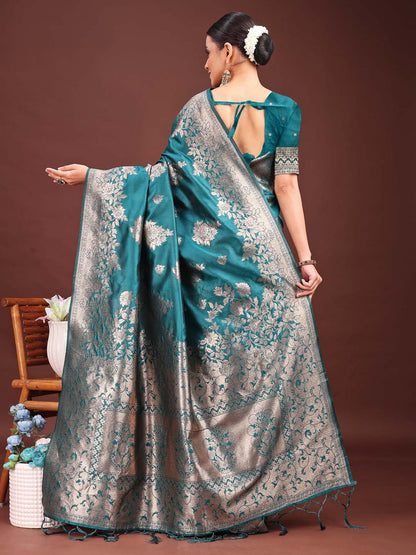 Sutriti Peacock Green Soft Silk Saree with Intricate Silver Weaving