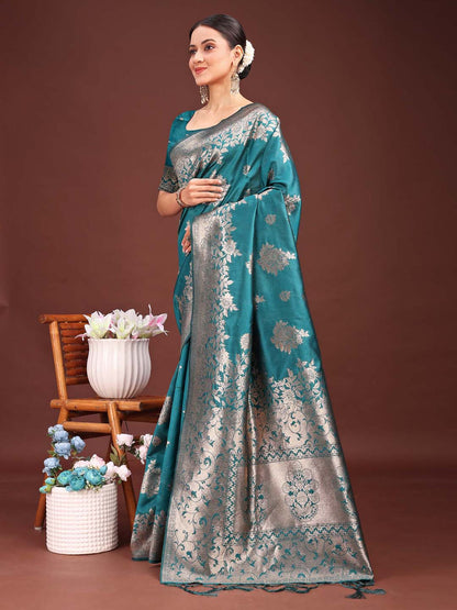 Sutriti Peacock Green Soft Silk Saree with Intricate Silver Weaving
