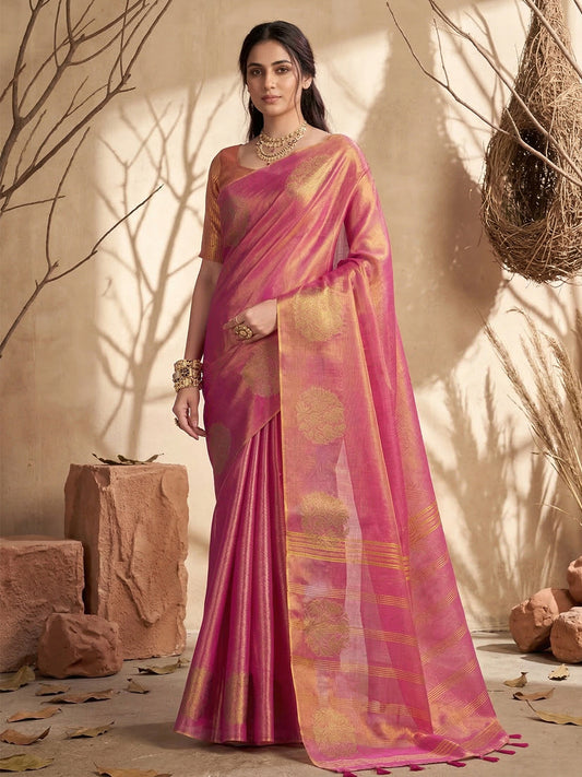 Sutriti Rose Pink Tissue Silk Saree for Women Wedding Festive PSofty Ethnic Wear