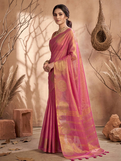 Sutriti Rose Pink Tissue Silk Saree for Women Wedding Festive PSofty Ethnic Wear