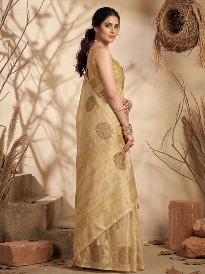 Sutriti Cream Tissue Silk Saree for Women Wedding Festive PSofty Ethnic Wear
