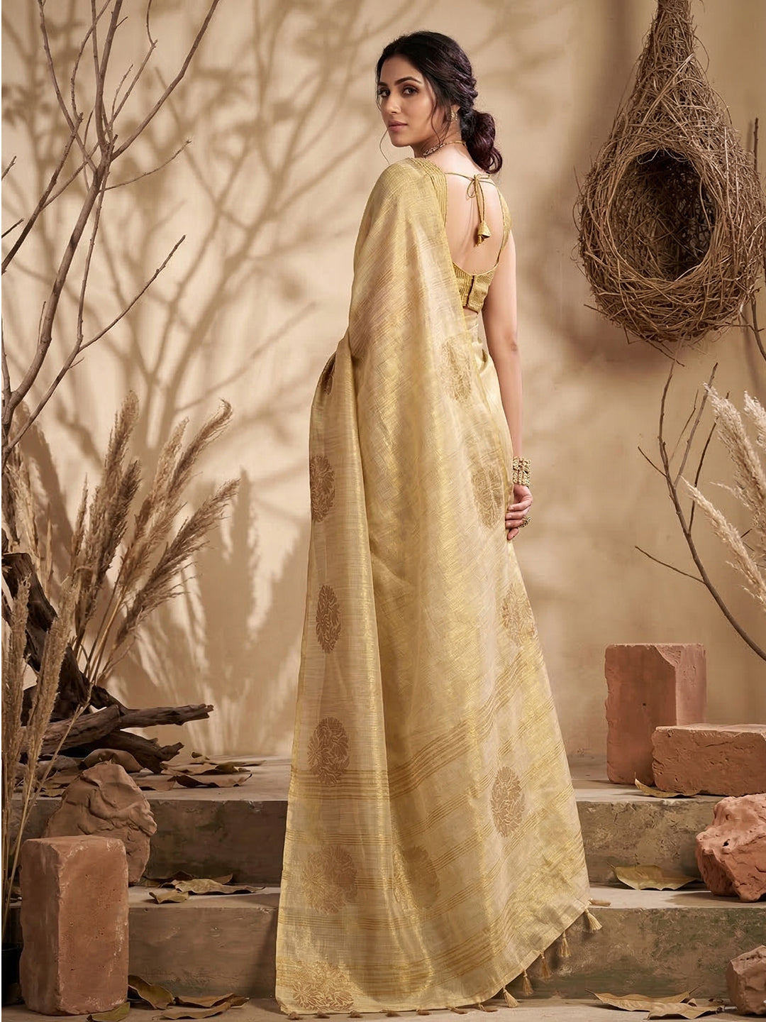 Sutriti Cream Tissue Silk Saree for Women Wedding Festive PSofty Ethnic Wear