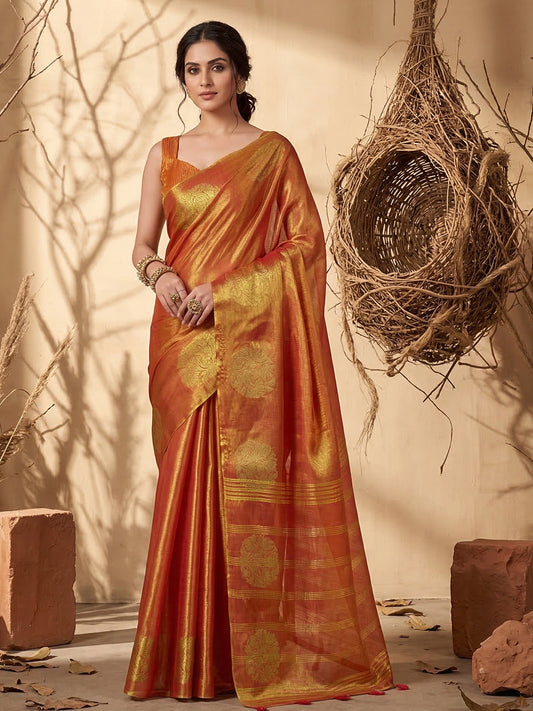 Sutriti Orange Tissue Silk Saree for Women Wedding Festive PSofty Ethnic Wear