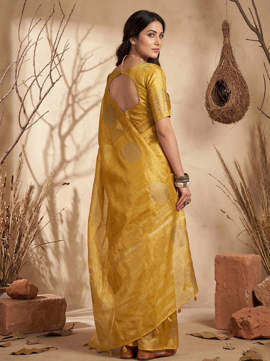 Sutriti Mustard Tissue Silk Saree for Women Wedding Festive PSofty Ethnic Wear