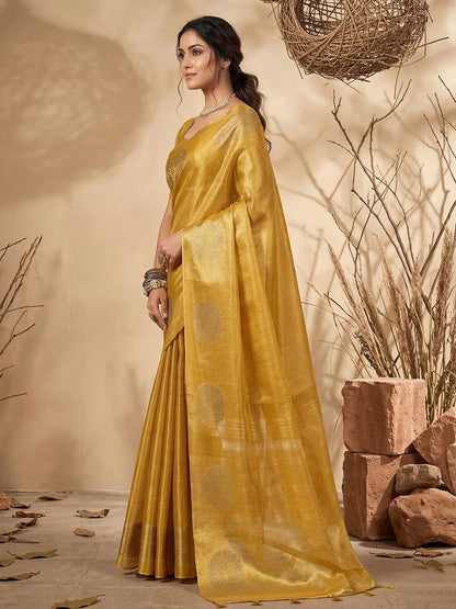 Sutriti Mustard Tissue Silk Saree for Women Wedding Festive PSofty Ethnic Wear