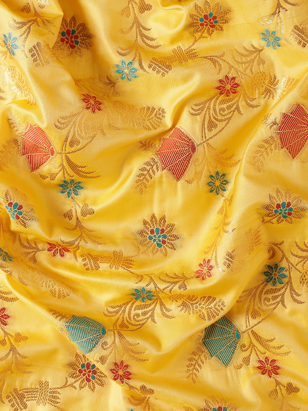 Mustard gold woven floral zari silk blend saree for women with rich zari border and blouse piece
