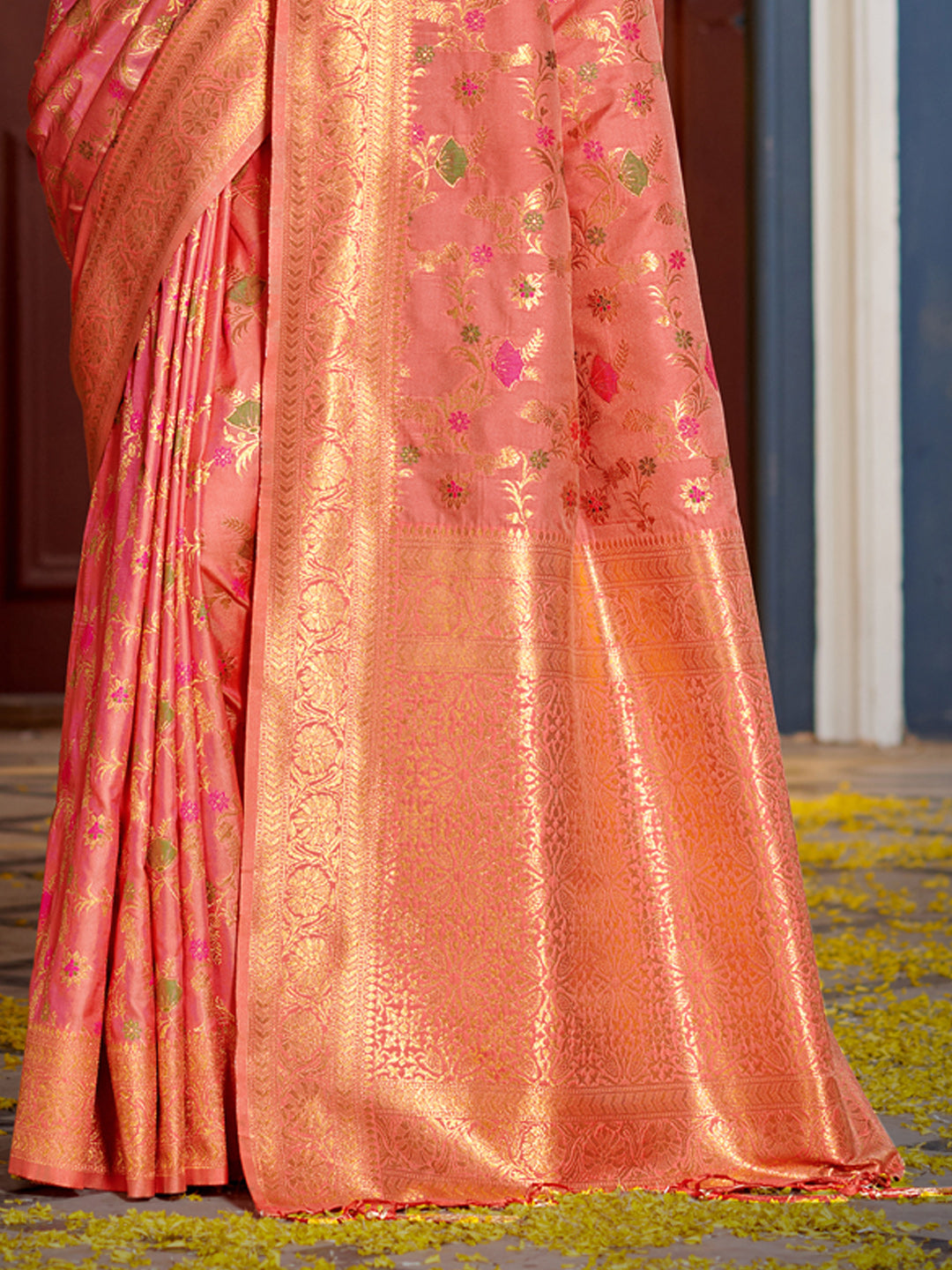 Coral pink woven floral zari silk blend saree for women with rich zari border and blouse piece