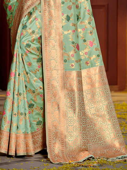 Mint green woven floral zari silk blend saree for women with rich zari border and blouse piece