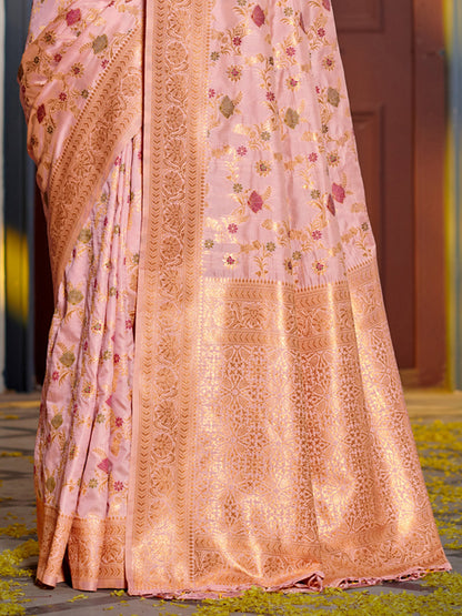 Baby Pink Woven Floral Zari Silk Blend Saree for Women with Blouse Piece | Wedding Festive Party Wear
