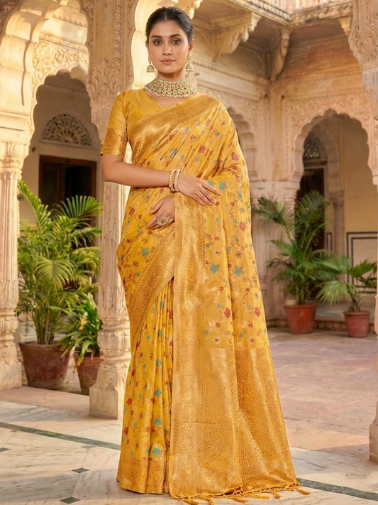 Sutriti Graceful Yellow Banarasi Silk Saree with Golden Zari Woven Border & Floral Jaal – Wedding & Festive Wear