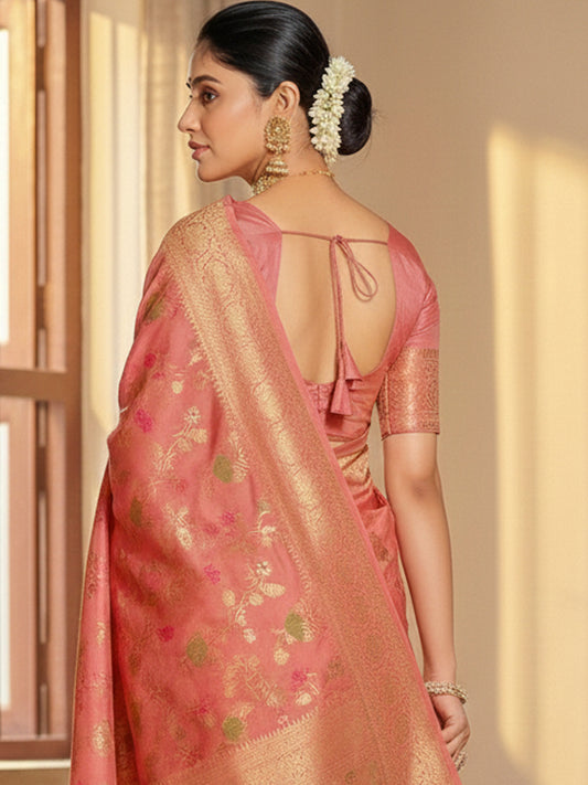Sutriti Graceful Peach Banarasi Silk Saree with Golden Zari Woven Border & Floral Jaal – Wedding & Festive Wear
