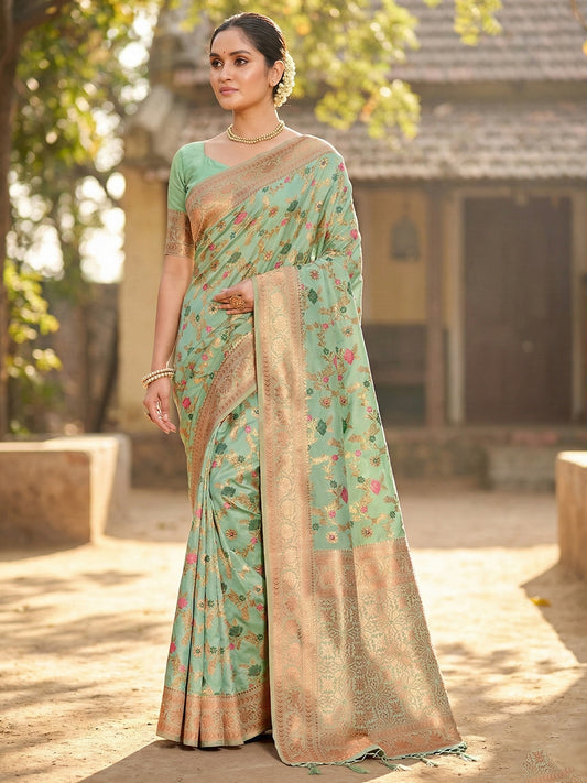 Sutriti Graceful Sea Green Banarasi Silk Saree with Golden Zari Woven Border & Floral Jaal – Wedding & Festive Wear