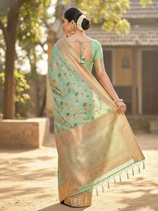 Sutriti Graceful Sea Green Banarasi Silk Saree with Golden Zari Woven Border & Floral Jaal – Wedding & Festive Wear