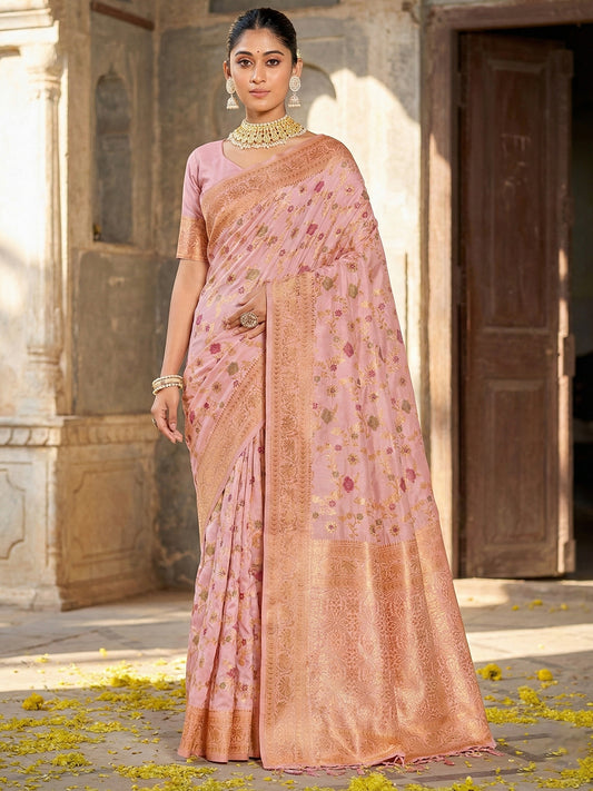 Sutriti Graceful Pink Banarasi Silk Saree with Golden Zari Woven Border & Floral Jaal – Wedding & Festive Wear