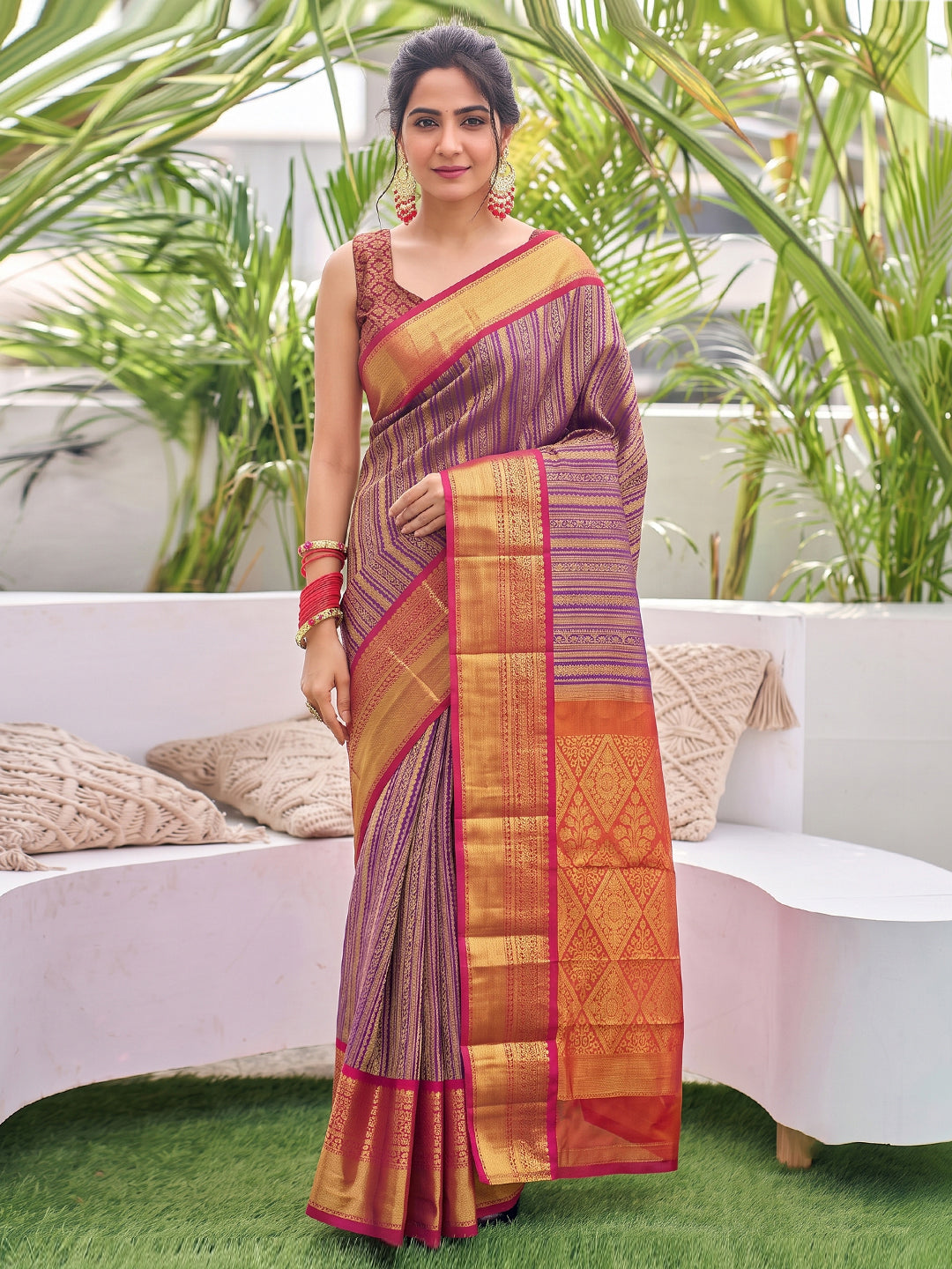 Sutriti Purple Kanjivaram Silk Saree for Women Traditional Festive Party Wedding Saree