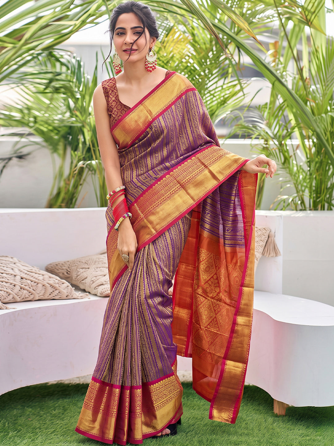 Sutriti Purple Kanjivaram Silk Saree for Women Traditional Festive Party Wedding Saree