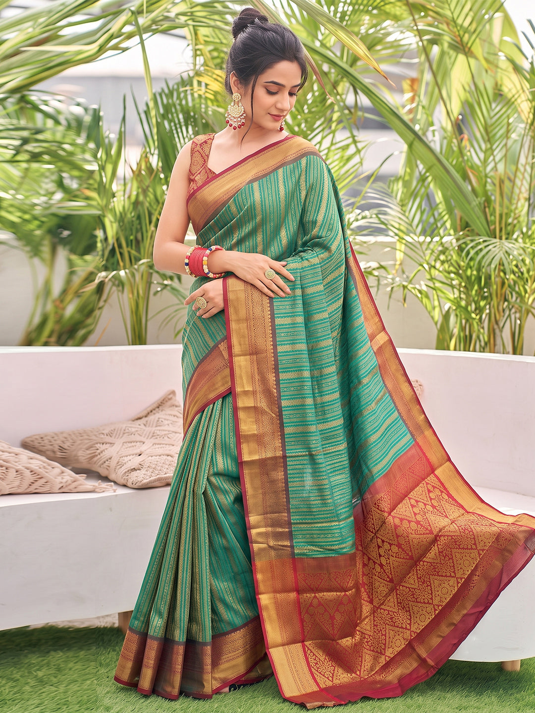 Sutriti Teal Green Kanjivaram Silk Saree for Women Festive Traditional Wedding Party Wear