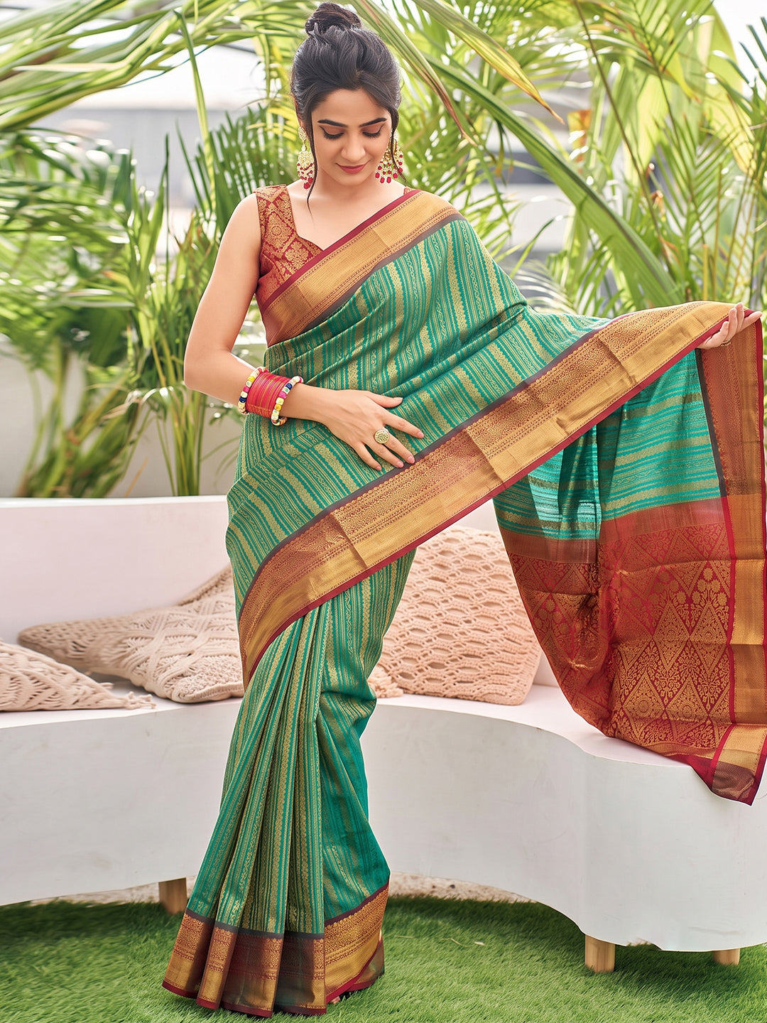 Sutriti Teal Green Kanjivaram Silk Saree for Women Festive Traditional Wedding Party Wear