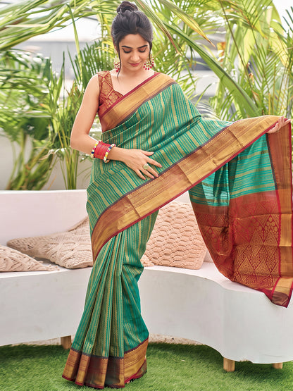 Sutriti Teal Green Kanjivaram Silk Saree for Women Festive Traditional Wedding Party Wear