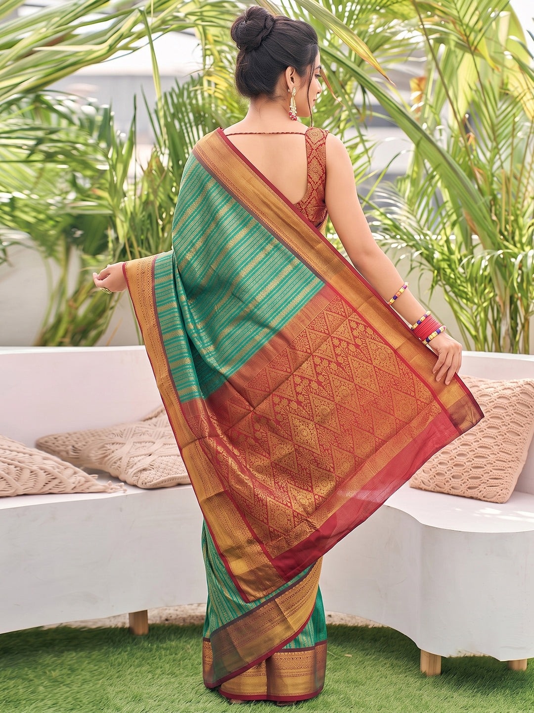 Sutriti Teal Green Kanjivaram Silk Saree for Women Festive Traditional Wedding Party Wear
